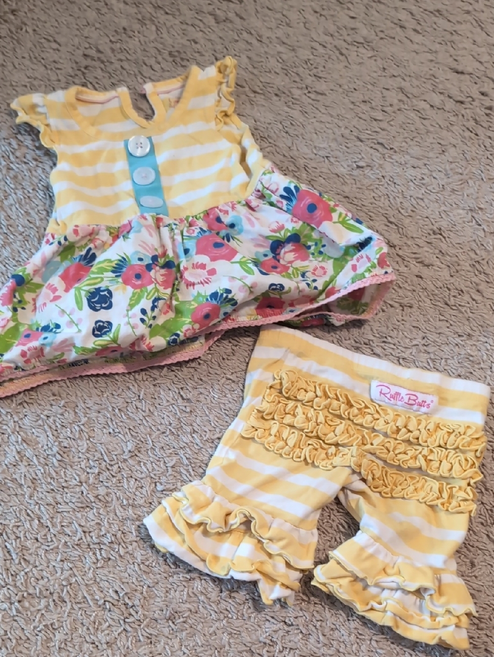 RuffleButts Yellow Stripe Floral Ruffle Set